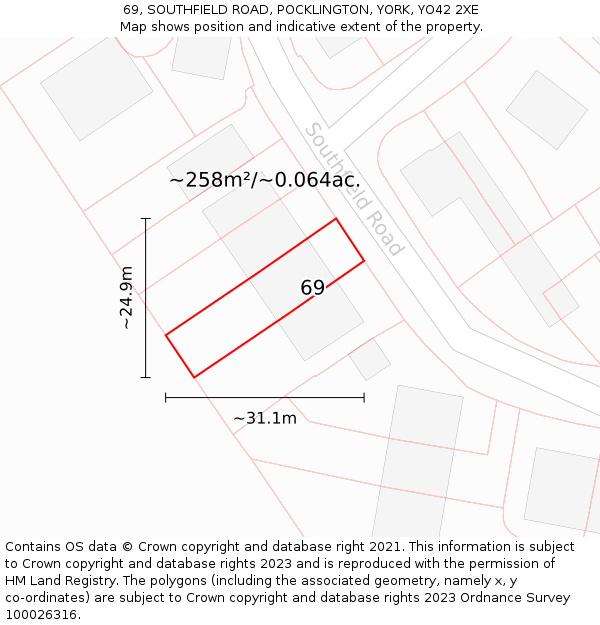 69, SOUTHFIELD ROAD, POCKLINGTON, YORK, YO42 2XE: Plot and title map