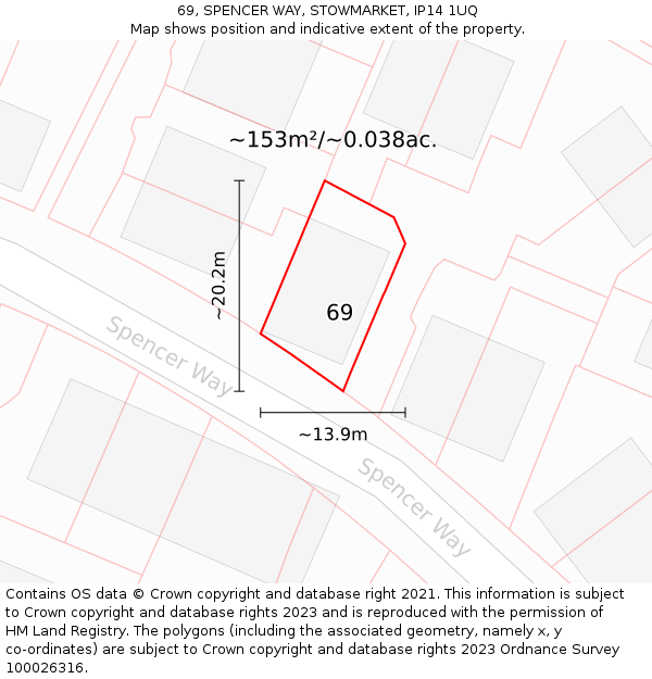 69, SPENCER WAY, STOWMARKET, IP14 1UQ: Plot and title map