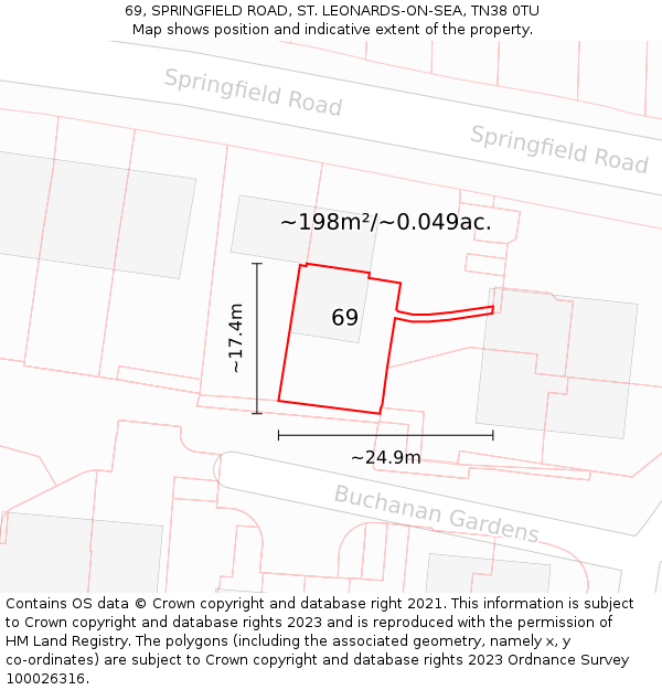 69, SPRINGFIELD ROAD, ST. LEONARDS-ON-SEA, TN38 0TU: Plot and title map