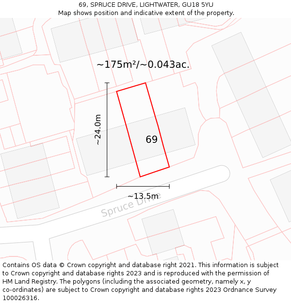 69, SPRUCE DRIVE, LIGHTWATER, GU18 5YU: Plot and title map