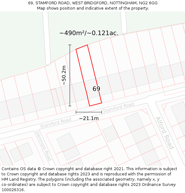 69, STAMFORD ROAD, WEST BRIDGFORD, NOTTINGHAM, NG2 6GG: Plot and title map