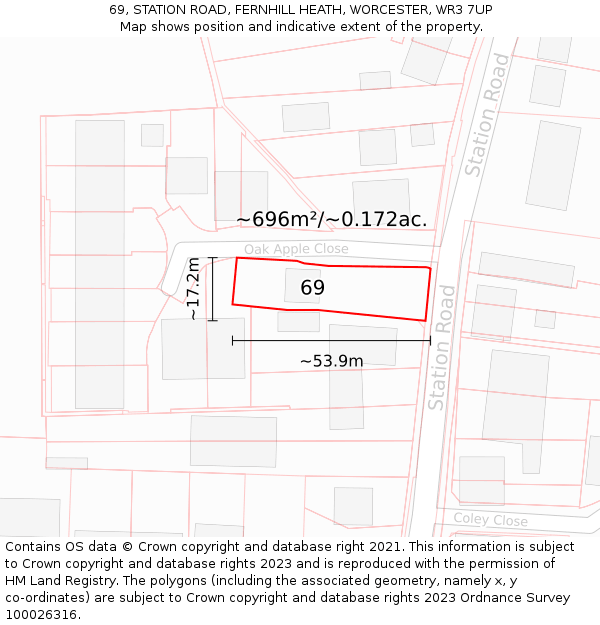 69, STATION ROAD, FERNHILL HEATH, WORCESTER, WR3 7UP: Plot and title map