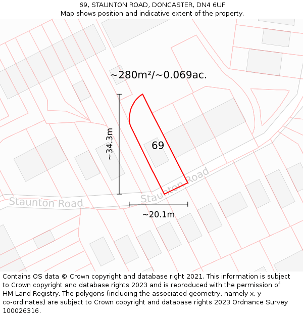 69, STAUNTON ROAD, DONCASTER, DN4 6UF: Plot and title map