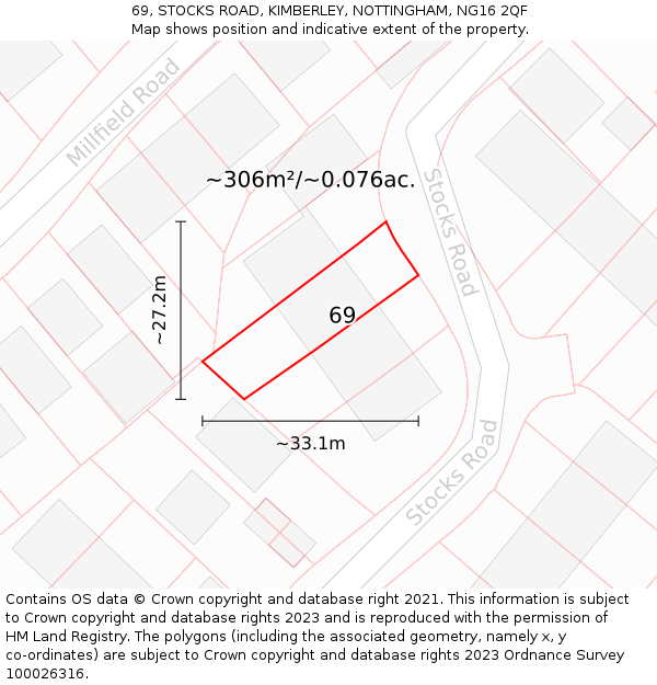 69, STOCKS ROAD, KIMBERLEY, NOTTINGHAM, NG16 2QF: Plot and title map