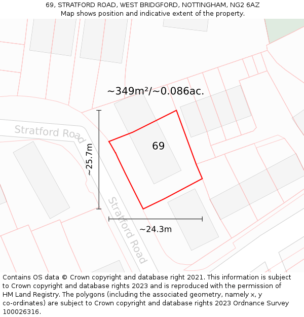 69, STRATFORD ROAD, WEST BRIDGFORD, NOTTINGHAM, NG2 6AZ: Plot and title map