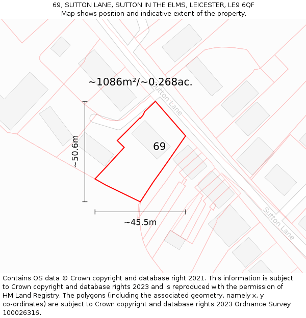 69, SUTTON LANE, SUTTON IN THE ELMS, LEICESTER, LE9 6QF: Plot and title map