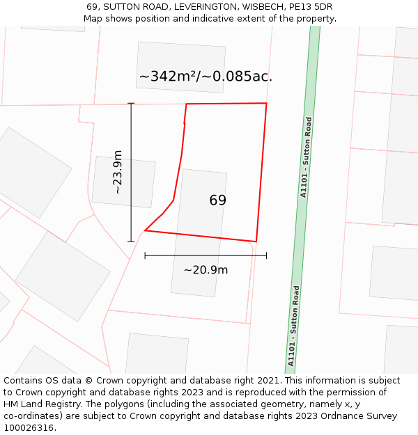 69, SUTTON ROAD, LEVERINGTON, WISBECH, PE13 5DR: Plot and title map