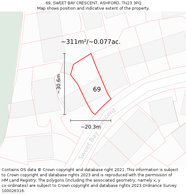 69, SWEET BAY CRESCENT, ASHFORD, TN23 3PQ: Plot and title map