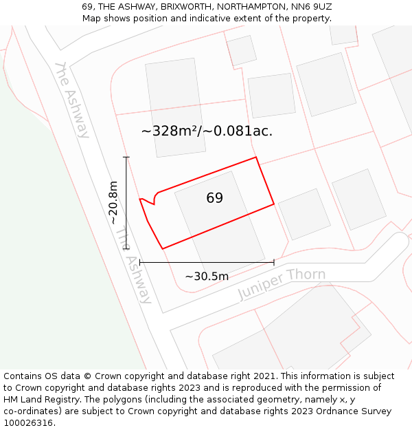 69, THE ASHWAY, BRIXWORTH, NORTHAMPTON, NN6 9UZ: Plot and title map