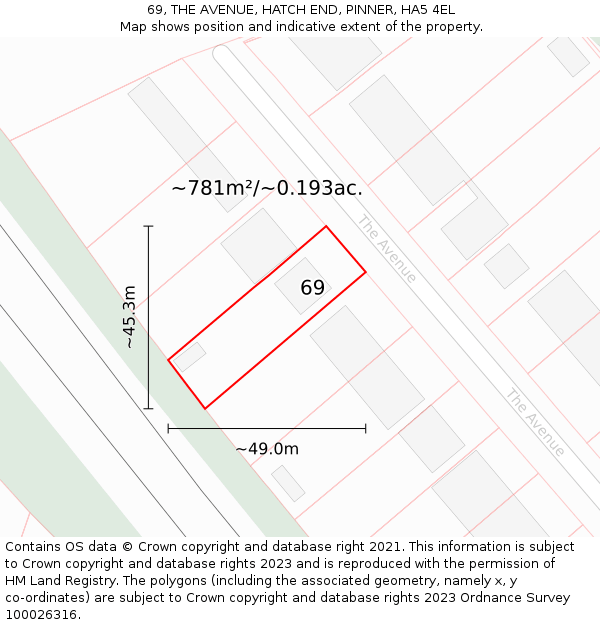 69, THE AVENUE, HATCH END, PINNER, HA5 4EL: Plot and title map