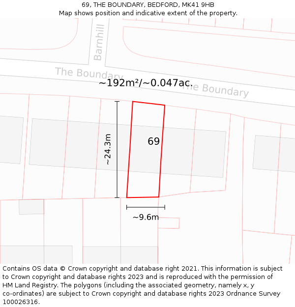 69, THE BOUNDARY, BEDFORD, MK41 9HB: Plot and title map