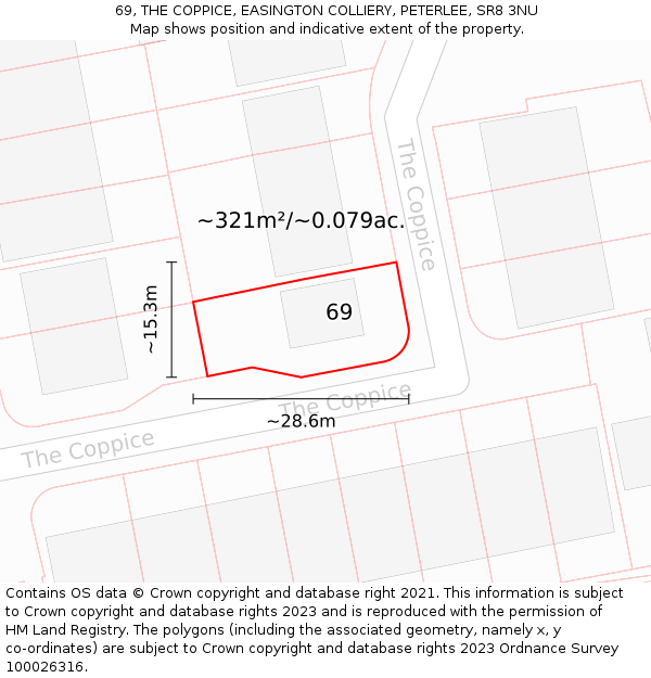 69, THE COPPICE, EASINGTON COLLIERY, PETERLEE, SR8 3NU: Plot and title map