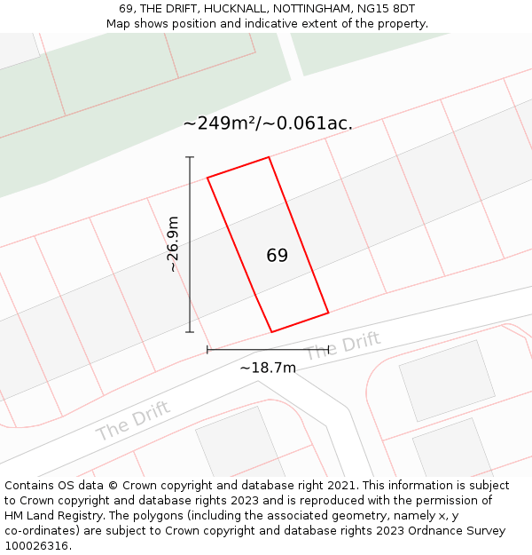 69, THE DRIFT, HUCKNALL, NOTTINGHAM, NG15 8DT: Plot and title map