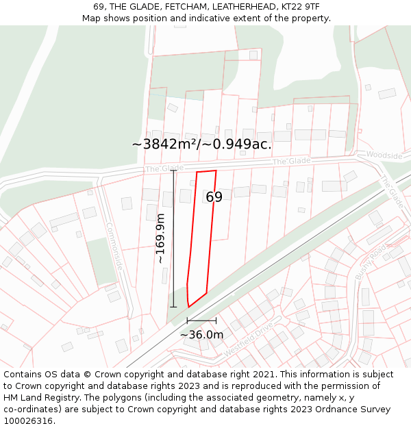 69, THE GLADE, FETCHAM, LEATHERHEAD, KT22 9TF: Plot and title map
