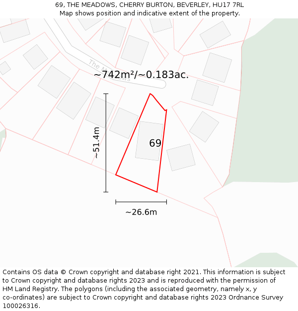 69, THE MEADOWS, CHERRY BURTON, BEVERLEY, HU17 7RL: Plot and title map