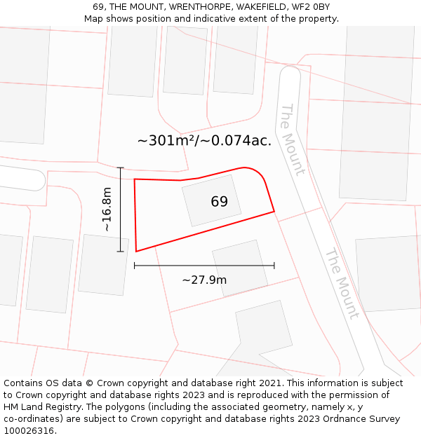 69, THE MOUNT, WRENTHORPE, WAKEFIELD, WF2 0BY: Plot and title map