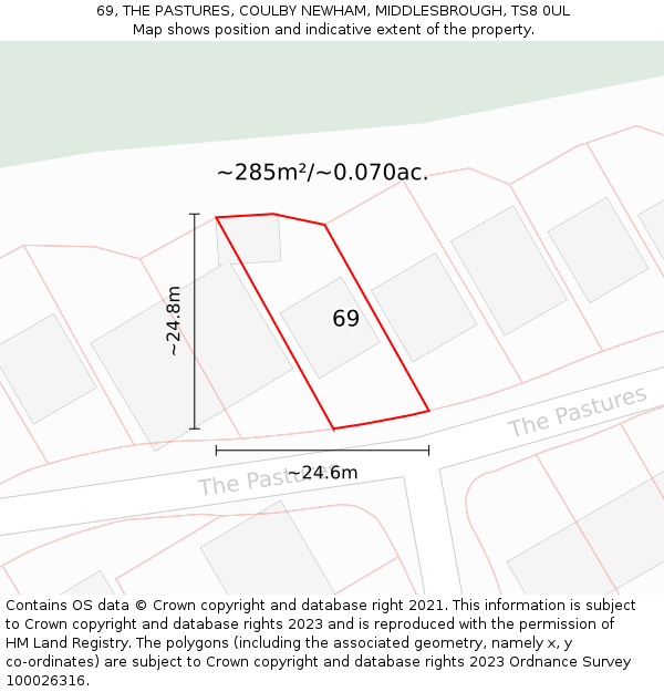 69, THE PASTURES, COULBY NEWHAM, MIDDLESBROUGH, TS8 0UL: Plot and title map