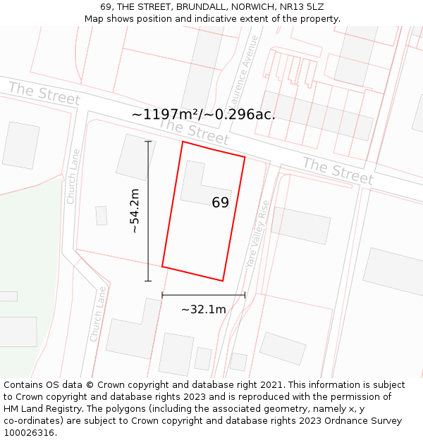 69, THE STREET, BRUNDALL, NORWICH, NR13 5LZ: Plot and title map