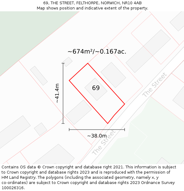 69, THE STREET, FELTHORPE, NORWICH, NR10 4AB: Plot and title map