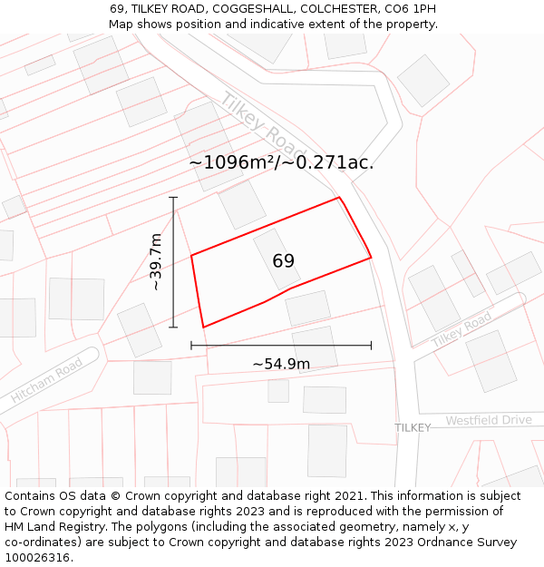 69, TILKEY ROAD, COGGESHALL, COLCHESTER, CO6 1PH: Plot and title map