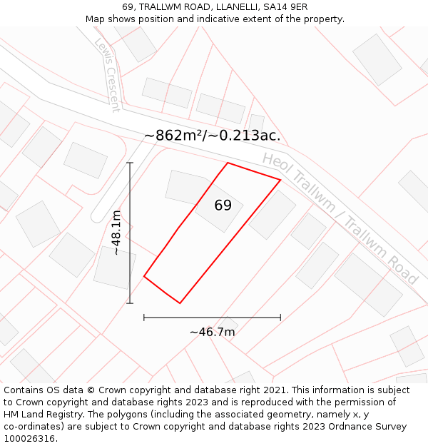 69, TRALLWM ROAD, LLANELLI, SA14 9ER: Plot and title map