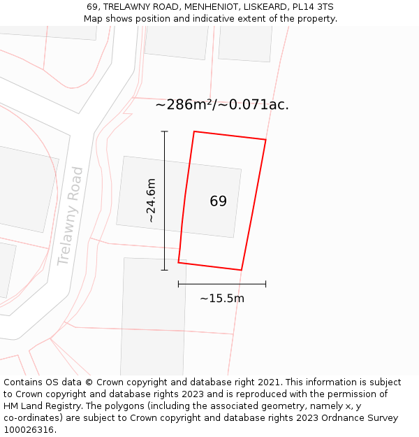 69, TRELAWNY ROAD, MENHENIOT, LISKEARD, PL14 3TS: Plot and title map