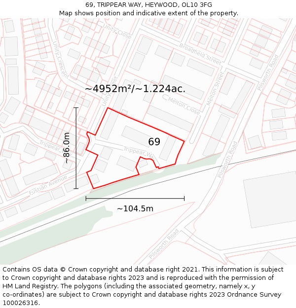 69, TRIPPEAR WAY, HEYWOOD, OL10 3FG: Plot and title map
