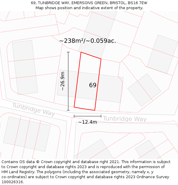 69, TUNBRIDGE WAY, EMERSONS GREEN, BRISTOL, BS16 7EW: Plot and title map