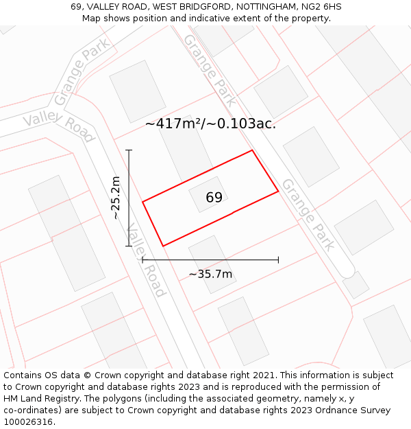 69, VALLEY ROAD, WEST BRIDGFORD, NOTTINGHAM, NG2 6HS: Plot and title map