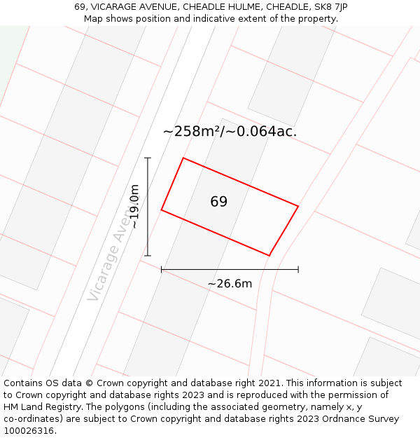 69, VICARAGE AVENUE, CHEADLE HULME, CHEADLE, SK8 7JP: Plot and title map