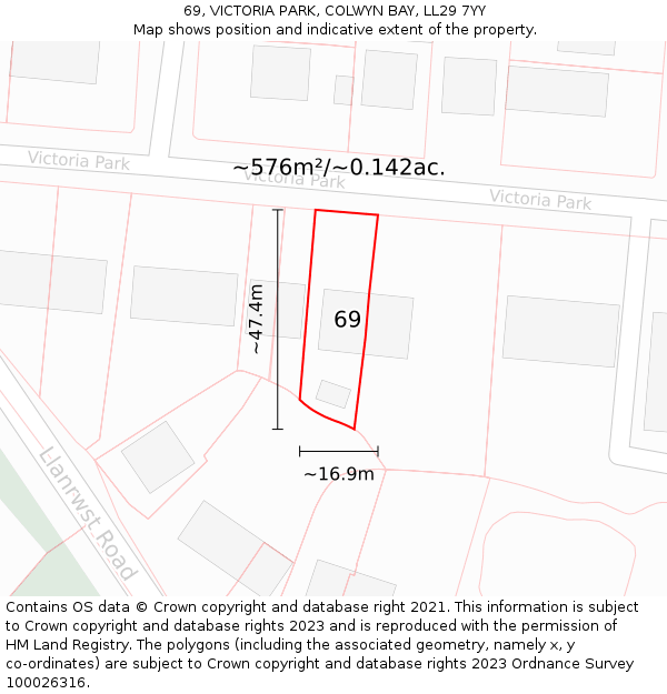 69, VICTORIA PARK, COLWYN BAY, LL29 7YY: Plot and title map