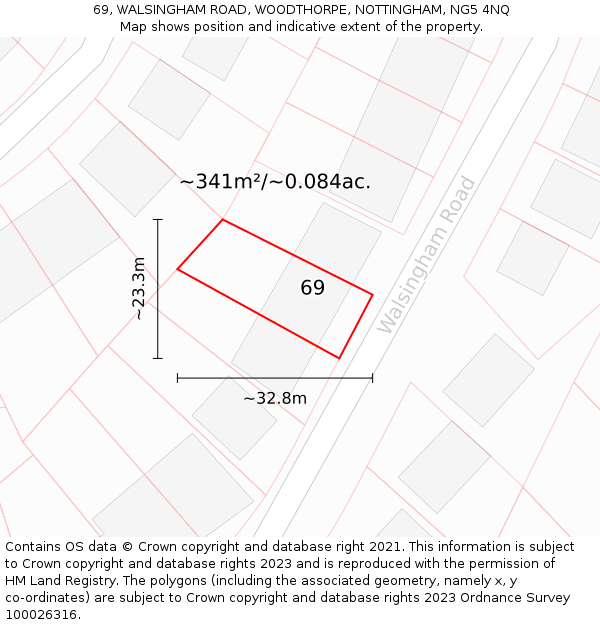 69, WALSINGHAM ROAD, WOODTHORPE, NOTTINGHAM, NG5 4NQ: Plot and title map