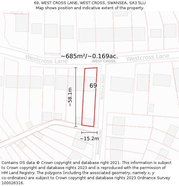 69, WEST CROSS LANE, WEST CROSS, SWANSEA, SA3 5LU: Plot and title map