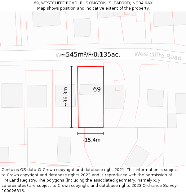 69, WESTCLIFFE ROAD, RUSKINGTON, SLEAFORD, NG34 9AX: Plot and title map