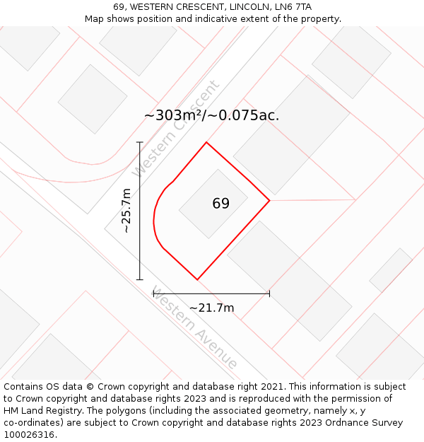 69, WESTERN CRESCENT, LINCOLN, LN6 7TA: Plot and title map