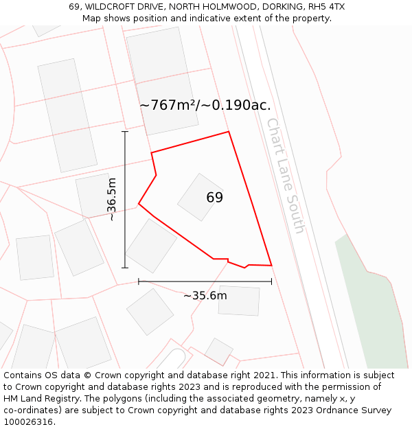 69, WILDCROFT DRIVE, NORTH HOLMWOOD, DORKING, RH5 4TX: Plot and title map