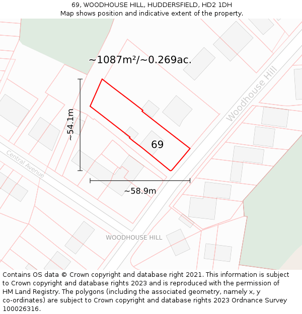 69, WOODHOUSE HILL, HUDDERSFIELD, HD2 1DH: Plot and title map