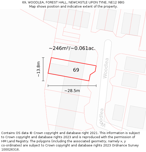 69, WOODLEA, FOREST HALL, NEWCASTLE UPON TYNE, NE12 9BG: Plot and title map