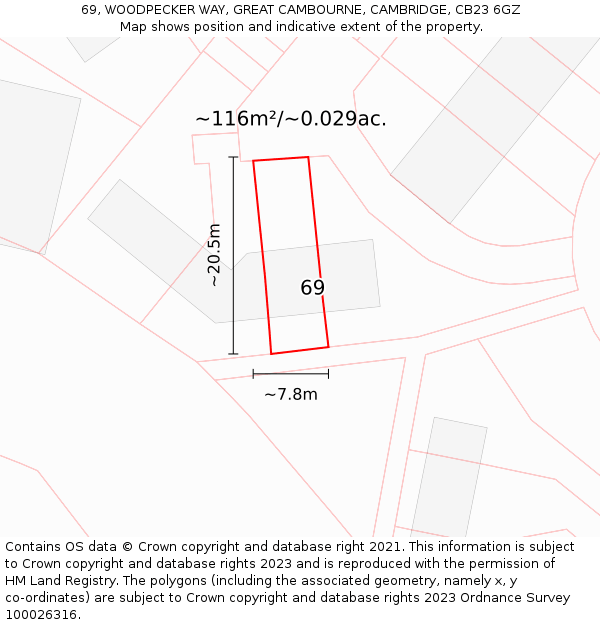 69, WOODPECKER WAY, GREAT CAMBOURNE, CAMBRIDGE, CB23 6GZ: Plot and title map