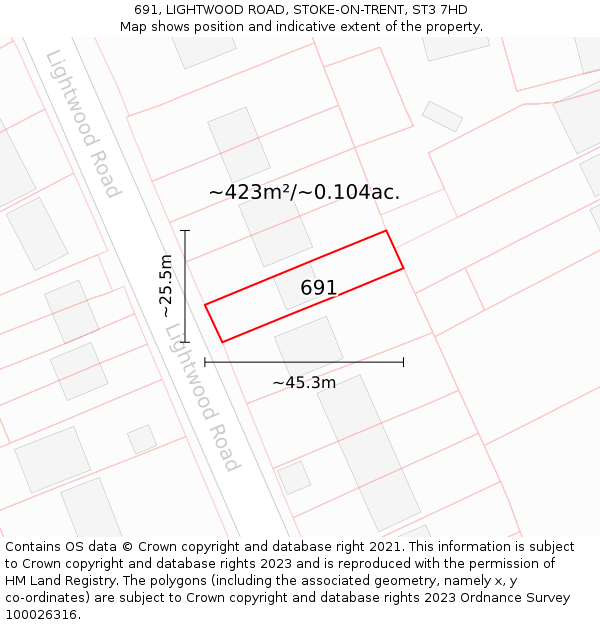 691, LIGHTWOOD ROAD, STOKE-ON-TRENT, ST3 7HD: Plot and title map