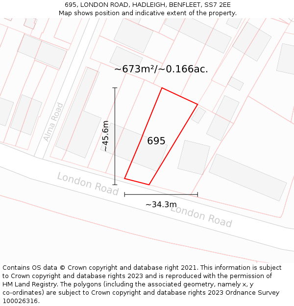 695, LONDON ROAD, HADLEIGH, BENFLEET, SS7 2EE: Plot and title map