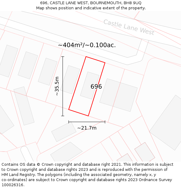 696, CASTLE LANE WEST, BOURNEMOUTH, BH8 9UQ: Plot and title map