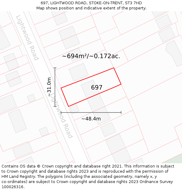 697, LIGHTWOOD ROAD, STOKE-ON-TRENT, ST3 7HD: Plot and title map