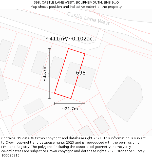 698, CASTLE LANE WEST, BOURNEMOUTH, BH8 9UQ: Plot and title map