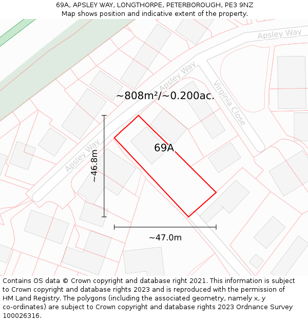 69A, APSLEY WAY, LONGTHORPE, PETERBOROUGH, PE3 9NZ: Plot and title map