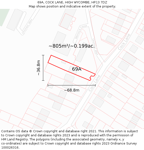 69A, COCK LANE, HIGH WYCOMBE, HP13 7DZ: Plot and title map