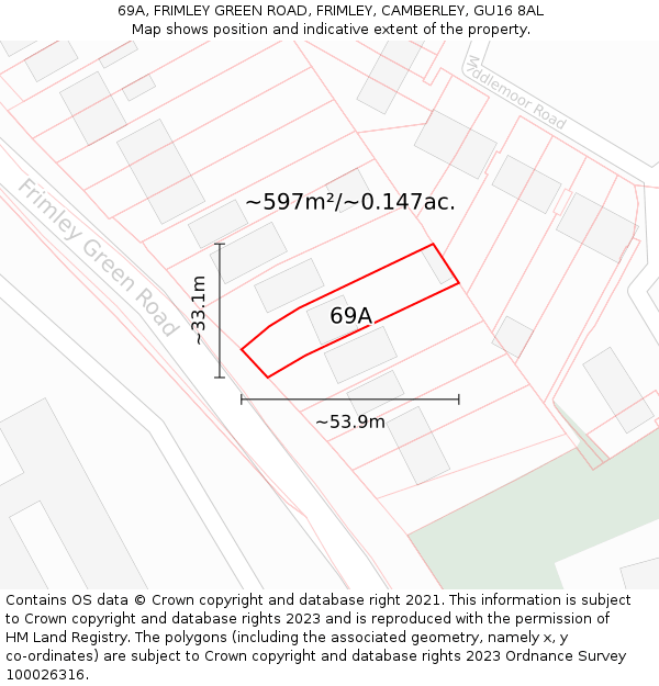 69A, FRIMLEY GREEN ROAD, FRIMLEY, CAMBERLEY, GU16 8AL: Plot and title map