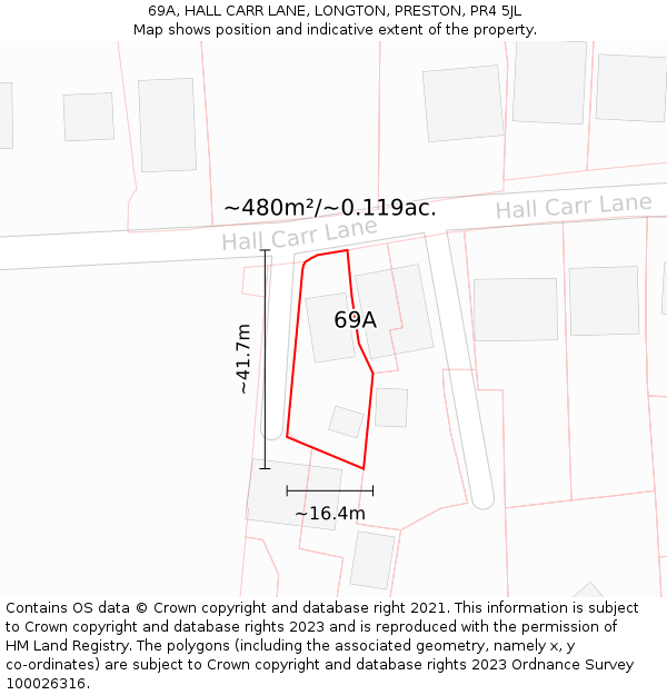 69A, HALL CARR LANE, LONGTON, PRESTON, PR4 5JL: Plot and title map