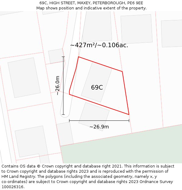 69C, HIGH STREET, MAXEY, PETERBOROUGH, PE6 9EE: Plot and title map