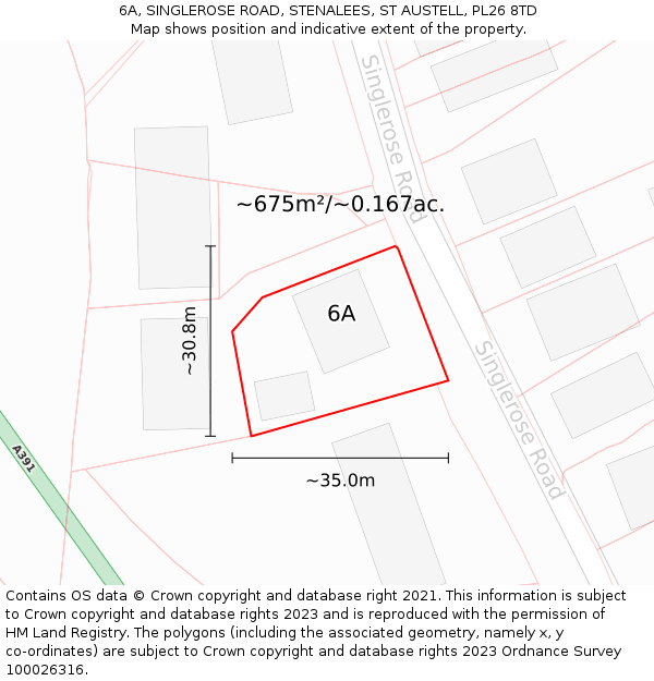 6A, SINGLEROSE ROAD, STENALEES, ST AUSTELL, PL26 8TD: Plot and title map